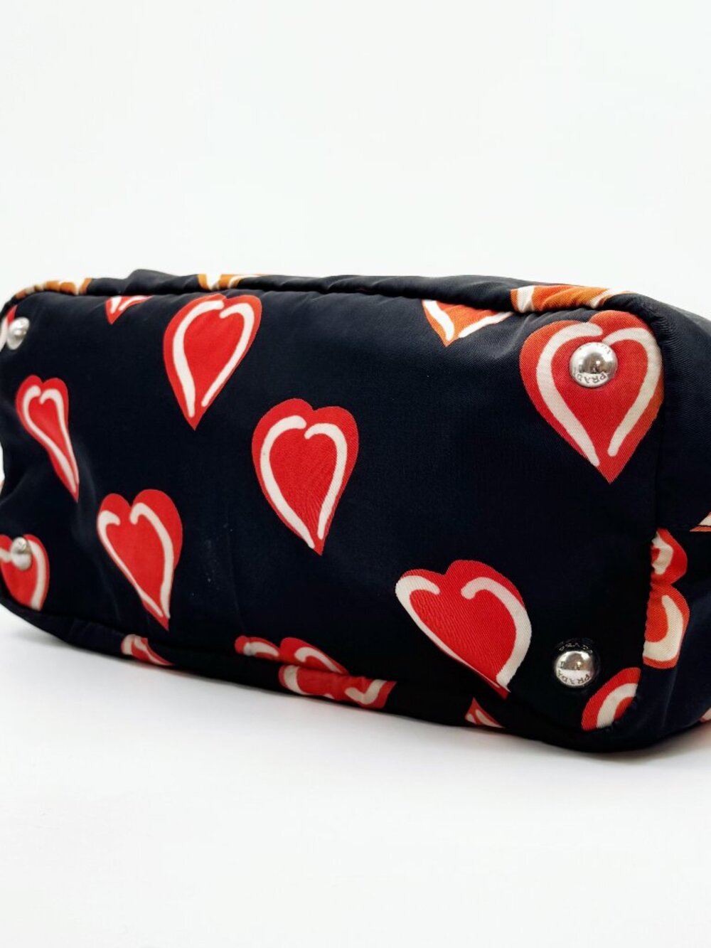 Prada Black Nylon Heart Print Tote Bag Red Orange Hearts Shoulder Bag - Picture 7 of 13